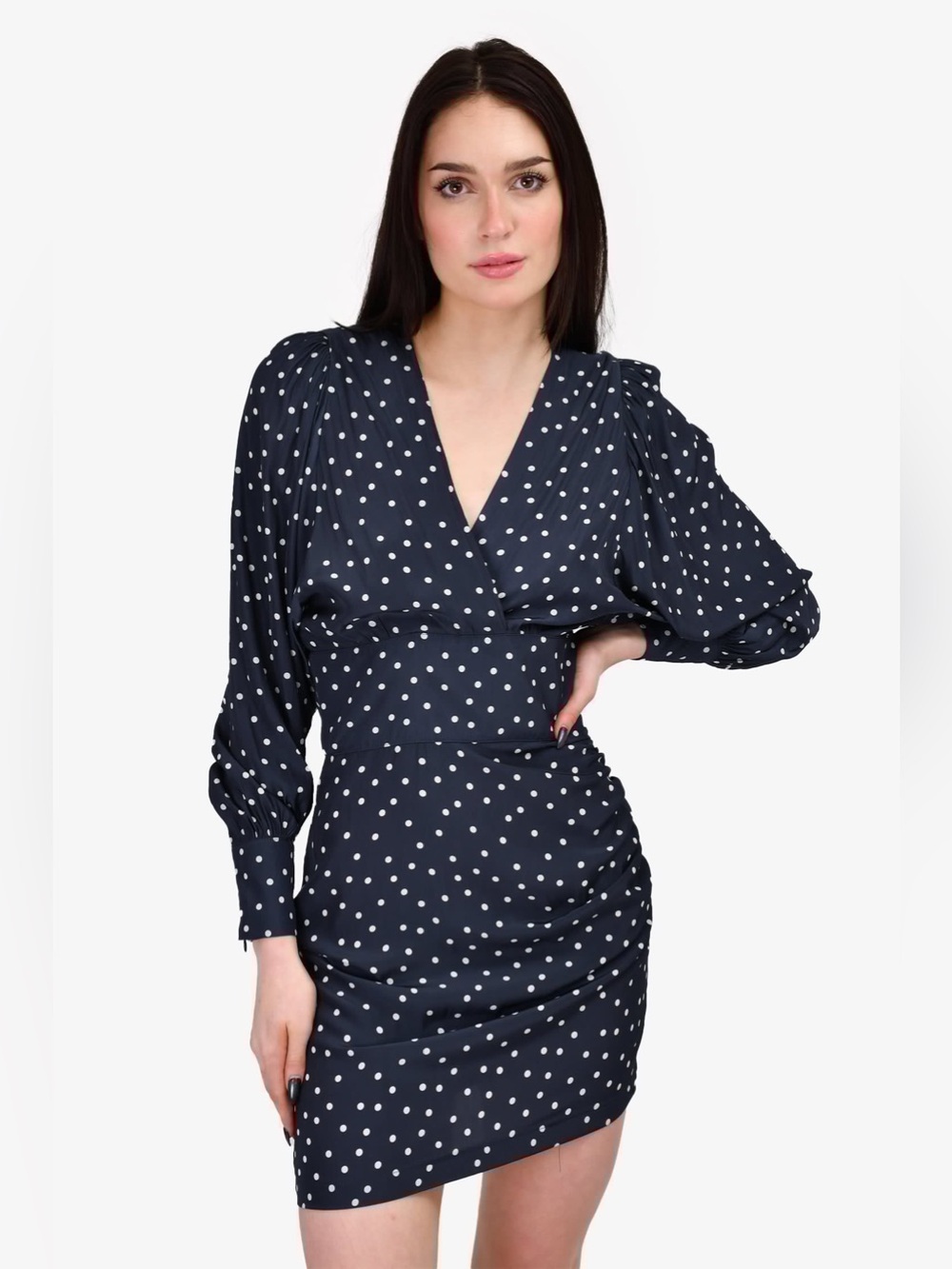 SMYTHE navy blue polkadot draped dress, size 4